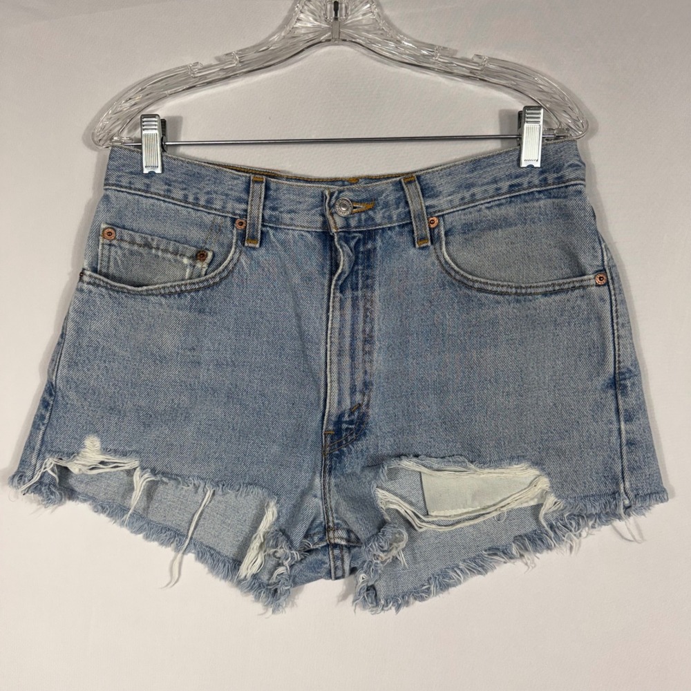 Vtg 90s Levis 505 Cut Off Denim Booty Shorts Light Wash Distressed High Rise W32